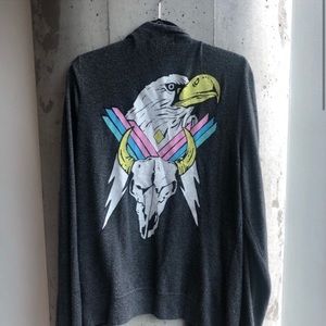 WILDFOX Couture Rare Eagle Cow Skull Rainbow Tribal Cardigan Sweater M Gray